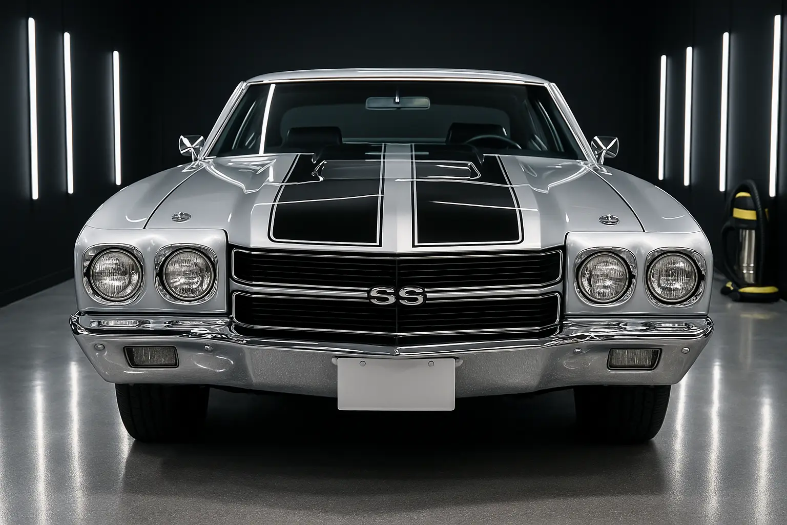 1970 Chevrolet Chevelle SS showcased in a detailing studio after C6 Hydro ceramic coating in Stoneham MA