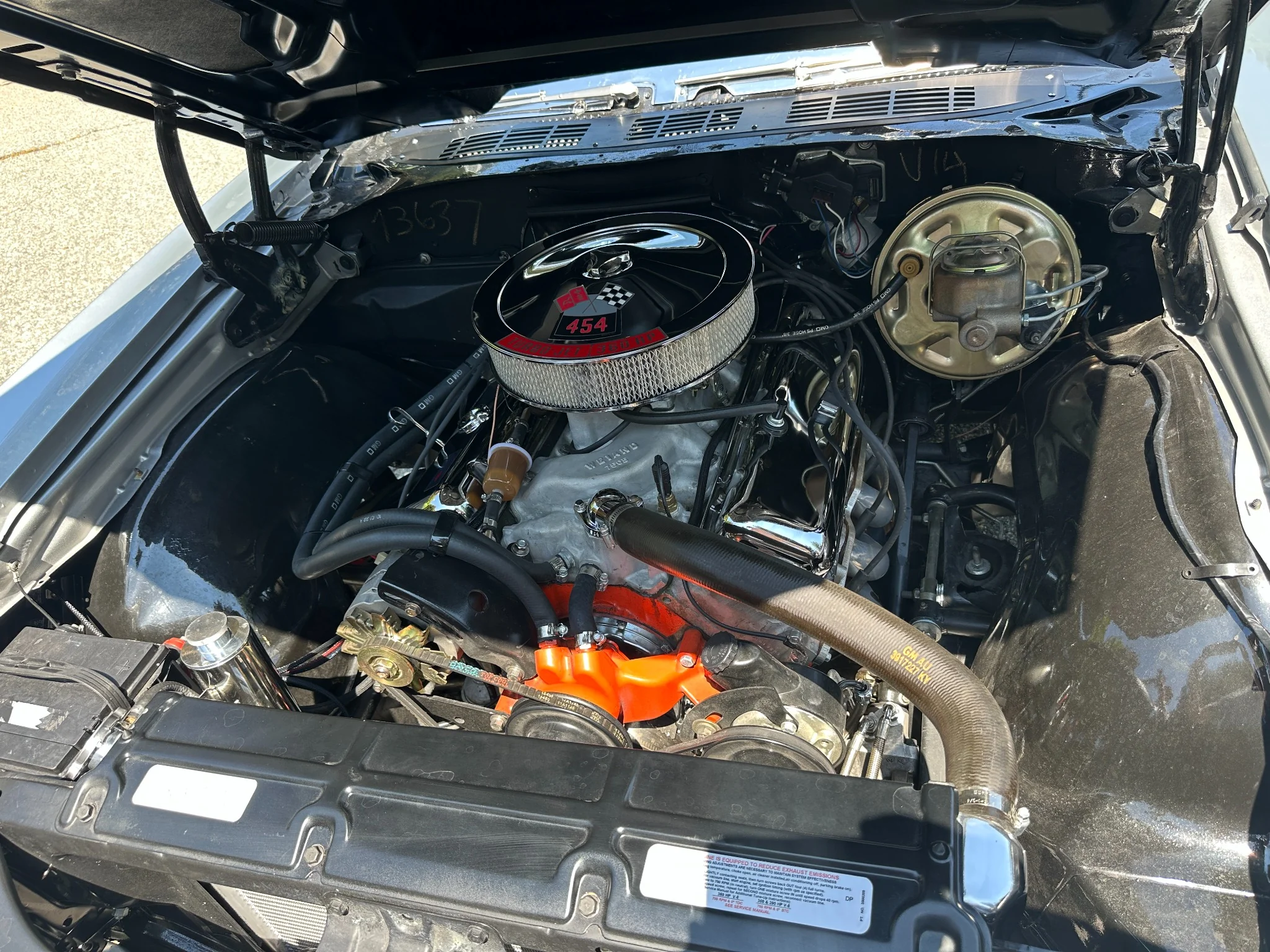 1970 Chevy Chevelle engine bay after professional detailing in Stoneham MA – polished and restored to showroom quality