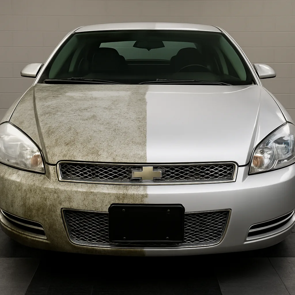Chevy Impala hood before and after paint correction in [tmc_town] MA
